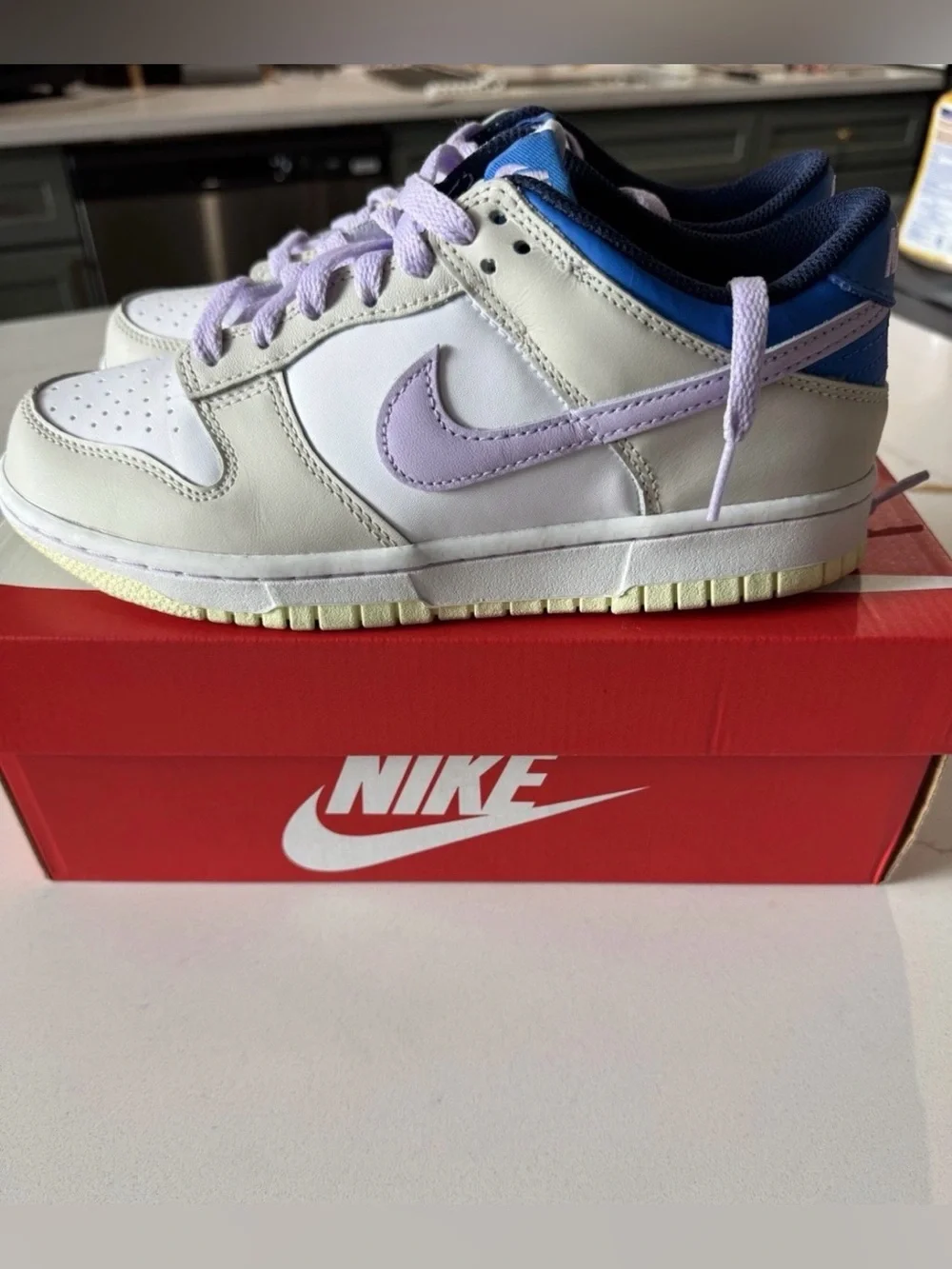 Nike Dunk Low, Tan/Purple/White, Size 6Y
